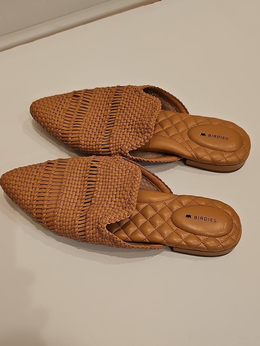 Birdies Dove Tan Woven Pointed Mules - Quilted Insole Size 11 WOMENS